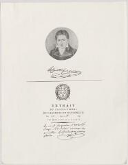 2 vues  - Portrait de Lecointe Puyraveau avec extrait du procès-verbal de l\'Assemblée Nationale du 10 août 1792. – [S.l.] : [s.n.], [s.d.]. – 1 impression photomécanique (illustration) : papier, noir et blanc ; 27 × 21 cm (image). (ouvre la visionneuse)