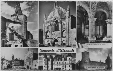 1 vue  - Souvenir d\'Airvault. Le donjon, l\'église, l\'entrée de l\'église, la place Saint-Pierre, le château, le vieux château et le donjon. (ouvre la visionneuse)